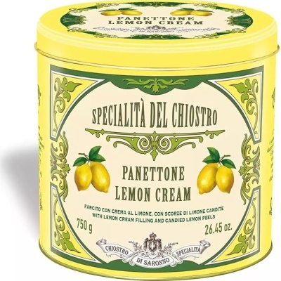 Lata amarela decorativa de panettone lemon cream com limões e texto em italiano e inglês