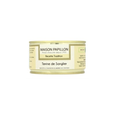 Lata de terrina de javali MAISON PAPILLON com etiqueta amarela clara