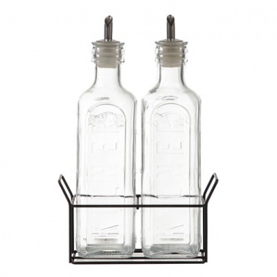 Conjunto de duas garrafas de vidro com tampa e suporte metálico