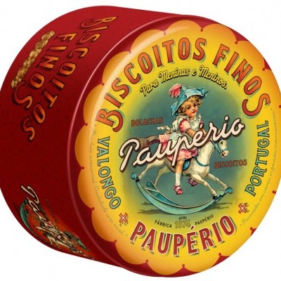 Lata redonda vermelha e amarela com design vintage e menina em cavalo de baloiço