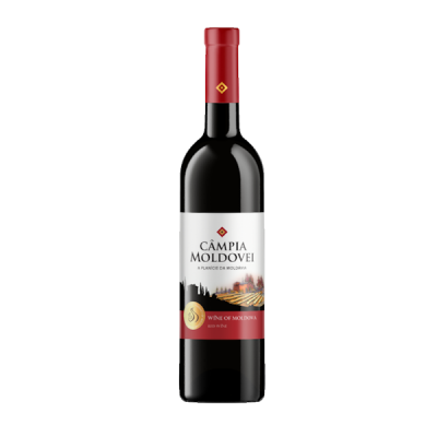 Garrafa de vinho tinto Câmpia Moldovei com rótulo branco e vermelho e tampa vermelha