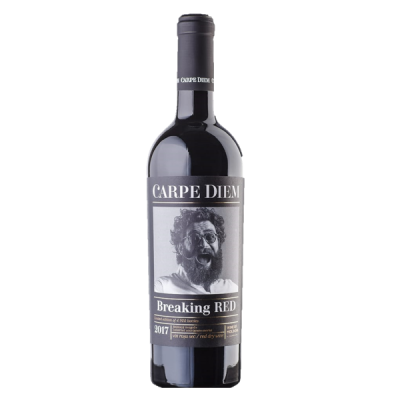 Garrafa de vinho tinto Carpe Diem Breaking RED 2017 com rótulo preto e branco