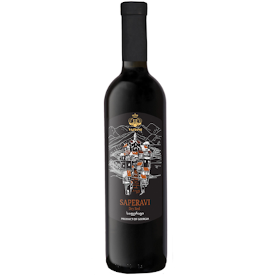 Garrafa de vinho tinto Saperavi com rótulo ilustrado e texto em fundo branco.