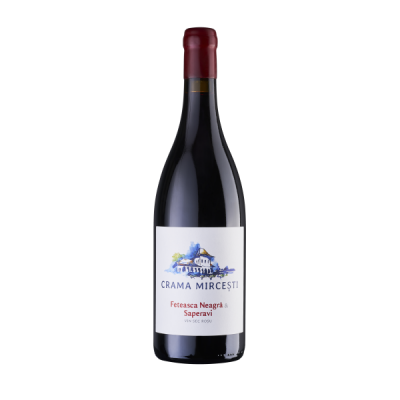 Garrafa de vinho tinto Crama Mircesti com rótulo branco e tampa vermelha