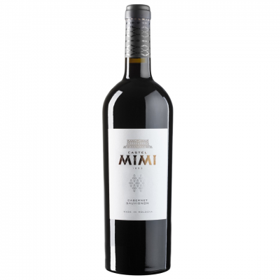 Garrafa de vinho tinto Castel Mimi Cabernet Sauvignon com rótulo branco e selo preto