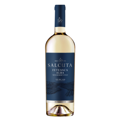 Garrafa de vinho branco Salcuta Feteasca Alba com rótulo azul e texto branco