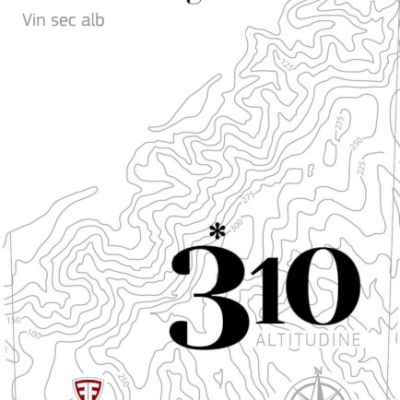 Etiqueta de vinho branco seco com design topográfico e texto '310 ALTITUDINE'