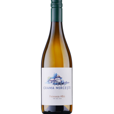 Garrafa de vinho branco Crama Mirceşti com rótulo branco e tampa verde escuro