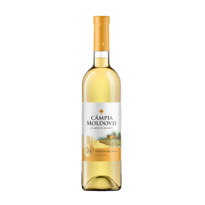 Garrafa de vinho branco Câmpia Moldovei com rótulo branco e amarelo
