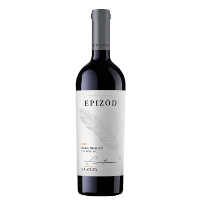 Garrafa de vinho tinto EPIZÓD com rótulo branco e pena cinzenta
