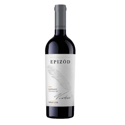 Garrafa de vinho tinto Epizod Saperavi 2020 com rótulo branco e pena desenhada
