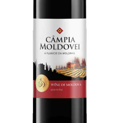 Garrafa de vinho tinto Campia Moldovei com rótulo branco e vermelho