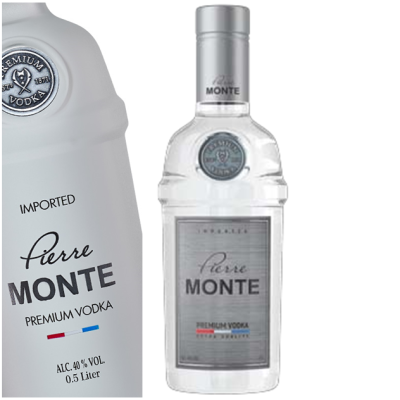 Garrafa de vodka Pierre Monte, 0,5 litro, rótulo cinzento e selo redondo