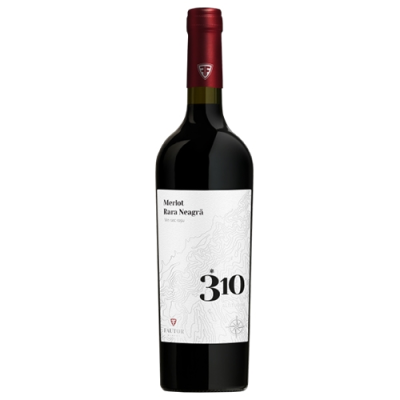 Garrafa de vinho Merlot Rara Neagră 310 com rótulo branco e selo vermelho no gargalo