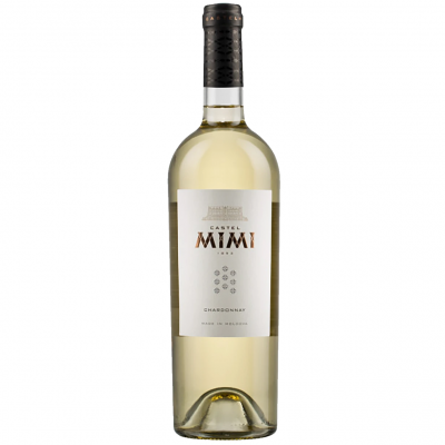 Garrafa de vinho branco Castel Mimi Chardonnay com rótulo branco