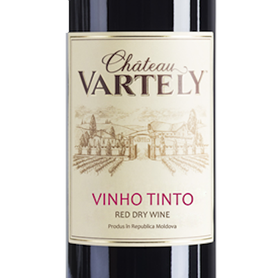 Rótulo de garrafa de vinho tinto Château Vartely com ilustração de castelo e vinhas.