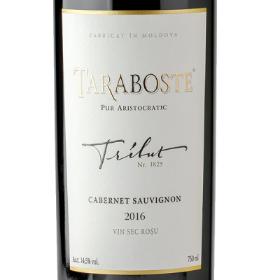 Garrafa de vinho Cabernet Sauvignon 2016 Taraboste com rótulo branco e texto dourado e preto