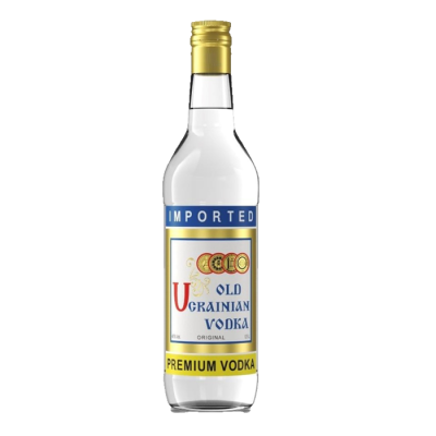 Garrafa transparente de Old Ukrainian Vodka com rótulo branco e selos azuis e amarelos