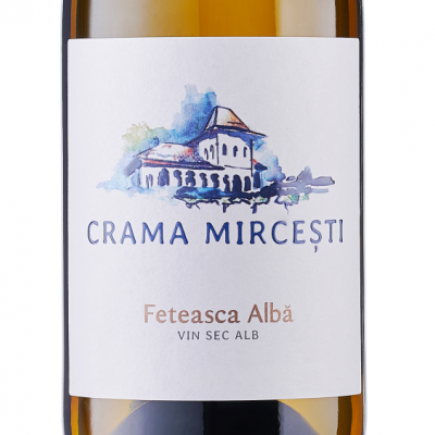Rótulo de vinho branco Crama Mirceşti com ilustração e texto