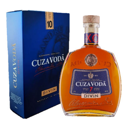 Garrafas de bebida alcoólica Cuza Vodă Divin 7 anos com embalagem azul e garrafa de vidro
