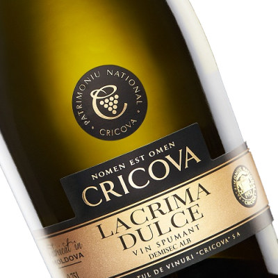 Garrafa de vinho espumante branco Lacrima Dulce da Cricova com rótulo dourado e preto