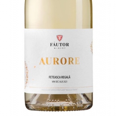 Garrafa de vinho branco AURORE Fautor Winery com rótulo branco e dourado