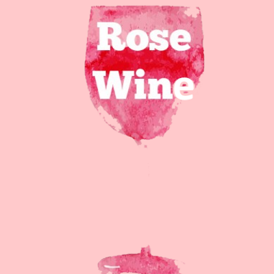 Copo de vinho rosa em aquarela com texto 'Rose Wine'