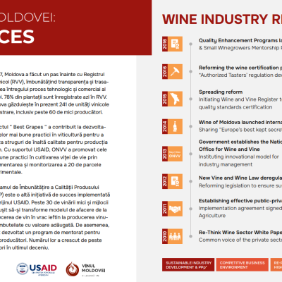 Texto sobre a reforma da indústria do vinho na Moldávia com uma linha do tempo e título em inglês e romeno.