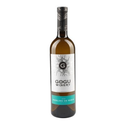 Garrafa de vinho branco Gogu Winery com rótulo branco e azul e tampa preta