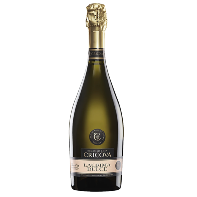 Garafa de espumante Cricova Lacrima Dulce com rolha dourada e rótulos preto e creme