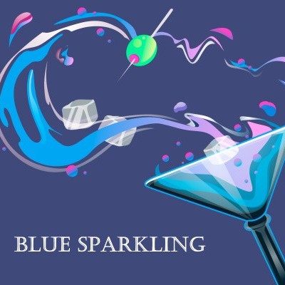Cocktail azul em copo triangular com azeitona e texto BLUE SPARKLING