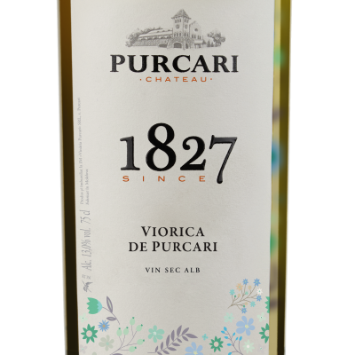 Rótulo de garrafa de vinho branco com texto e ilustração de edifício