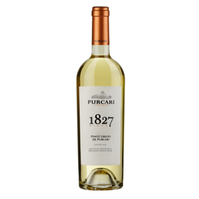 Garrafa de vinho branco Purcari Pinot Grigio com rótulo branco e tampa cobre