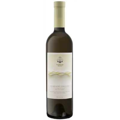 Garrafa de vinho branco Alazani Valley com rótulo branco e amarelo claro