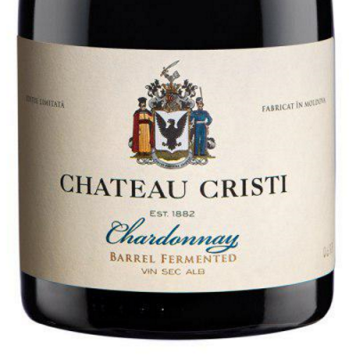Rótulo de vinho Chateau Cristi Chardonnay com brasão e texto