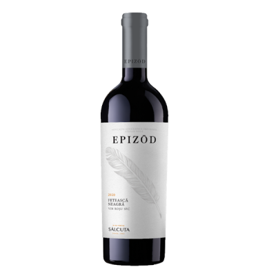 Garrafa de vinho tinto Epizód 2020 com rótulo branco e pena cinzenta
