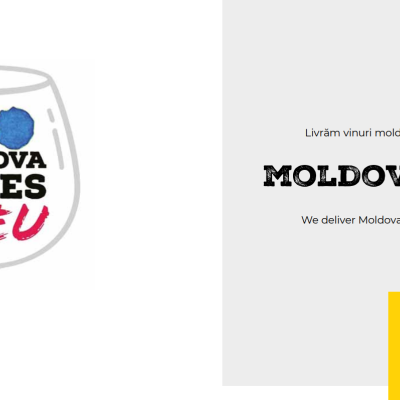 Logótipo branco de vinho com texto Moldova Wines .EU e texto informativo com QR code num fundo branco