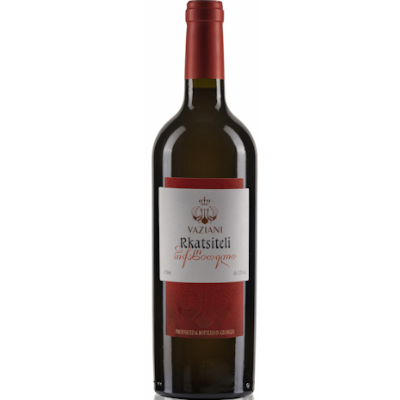Garrafão de vinho tinto Vaziani Rkatsiteli com rótulo branco e vermelho