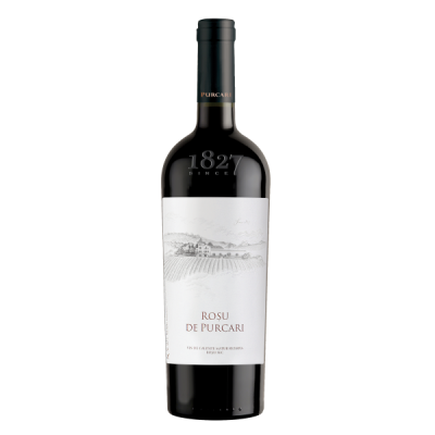 Garrafa de vinho tinto Rosu de Purcari com rótulo branco e tampa preta