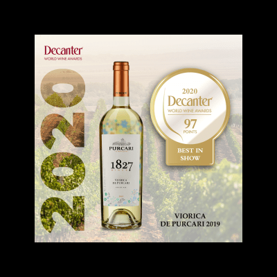 Garrafa de vinho branco Purcari 1827 com medalha Decanter 2020