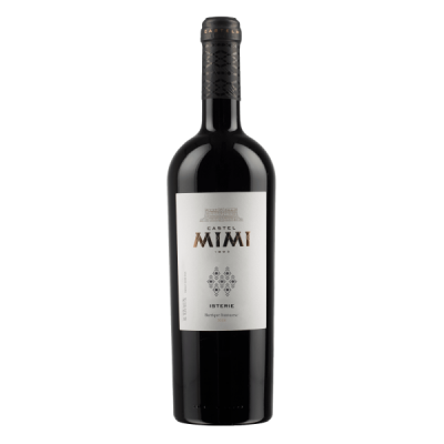 Garrafa de vinho tinto Castel Mimi com rótulo branco e tampa preta