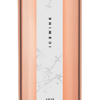 Garrafa de vinho rosé com rótulo branco e texto vertical ICEWINE