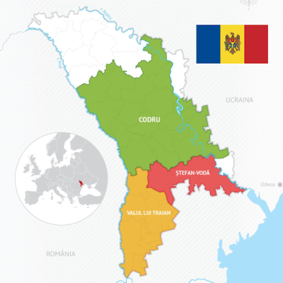 Mapa das regiões Moldávia CODRU, STEFAN-VODĂ e VALUL LUI TRAIAN com bandeira e localização na Europa