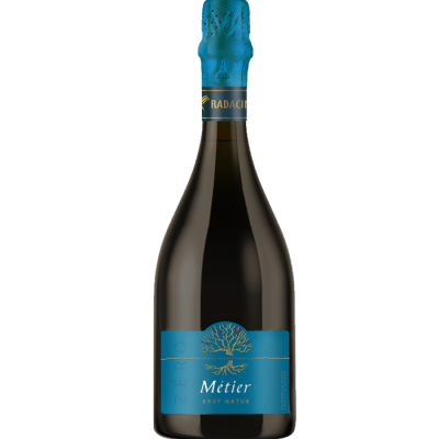 Garrafa de vinho espumante Radacin Métier Brut Nature com rótulo azul e tampa azul