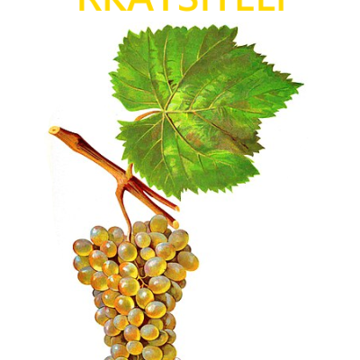 Cacho de uvas amarelas com folha verde e texto RKATSITELI