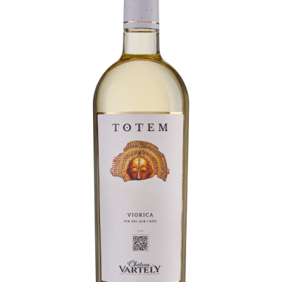Garrafa de vinho branco Totem com rótulo branco e dourado, código QR e tampa branca