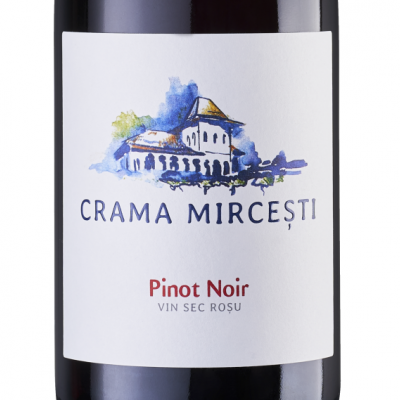 Rótulo de garrafa de vinho Pinot Noir da Crama Mircești com ilustração de construção