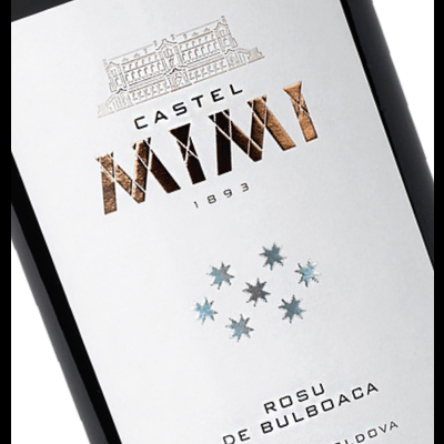 Rótulo de vinho branco com texto CASTEL Mimi 1893 e ROSU DE BULBOACA MADE IN MOLDOVA