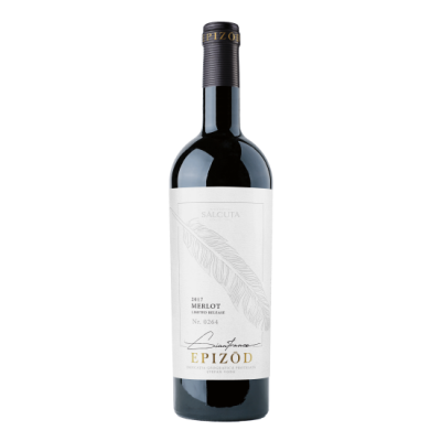 Garrafa de vinho tinto merlot com rótulo branco e desenho de pena
