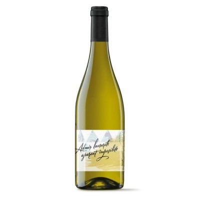 Garrafa de vinho branco com rótulo branco, cinzento e bege e tampa preta